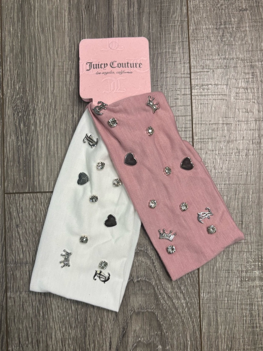 Juicy Couture Pink & White Rhinestone Charm Headbands Set of 2 Y2K One Size